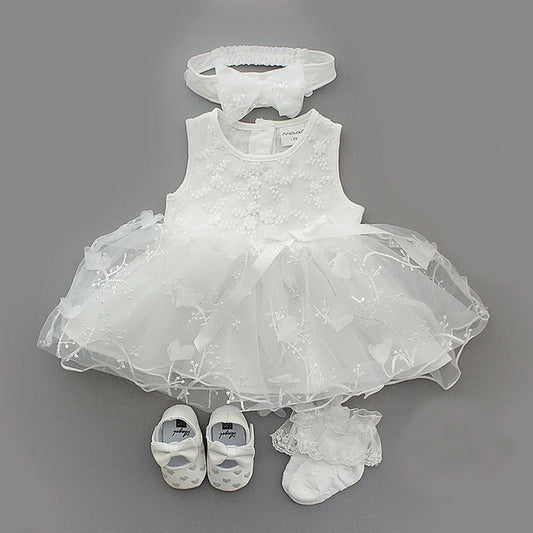 Newborn Baby Girl Party Outfits White Baptism Dress Shoes Set