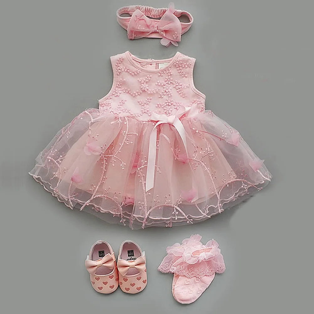 Newborn Baby Girl Party Outfits White Baptism Dress Shoes Set