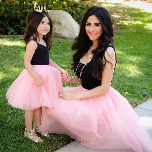 Pink Patchwork Mesh Princess Mom & Daughter Dress