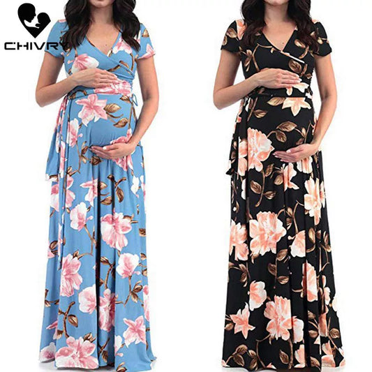 Floral Print Summer Short Sleeve V-neck Maxi Long Maternity Dress