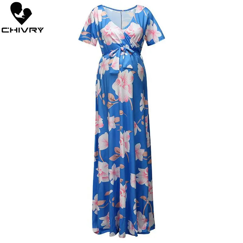 Floral Print Summer Short Sleeve V-neck Maxi Long Maternity Dress