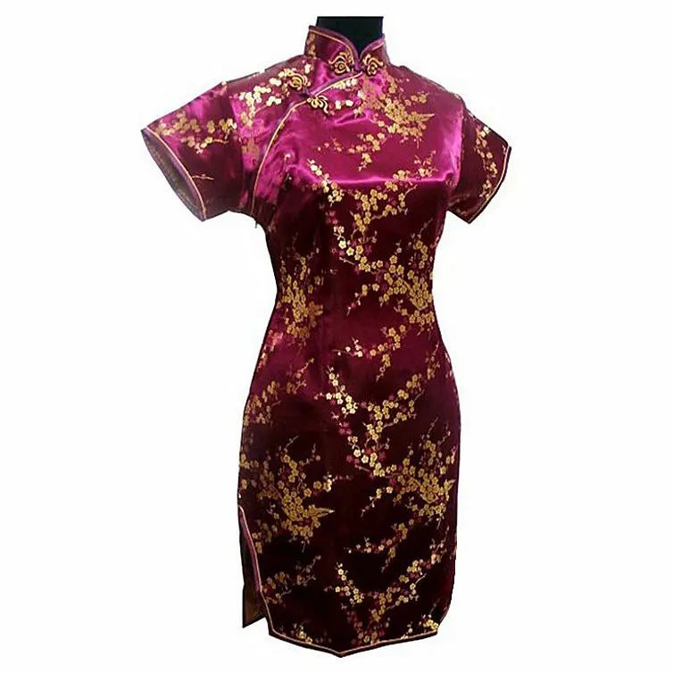 Chinese Style Short Cheongsam Traditional Women's Satin Mini Qipao Dress