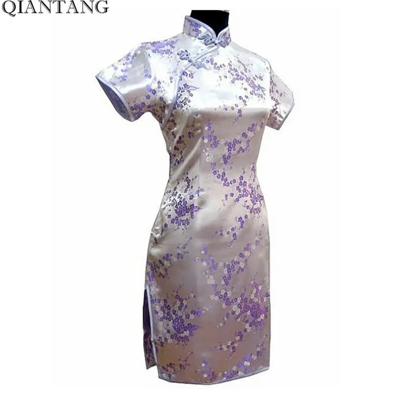 Chinese Style Short Cheongsam Traditional Women's Satin Mini Qipao Dress