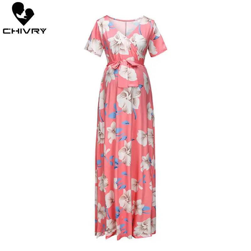 Floral Print Summer Short Sleeve V-neck Maxi Long Maternity Dress