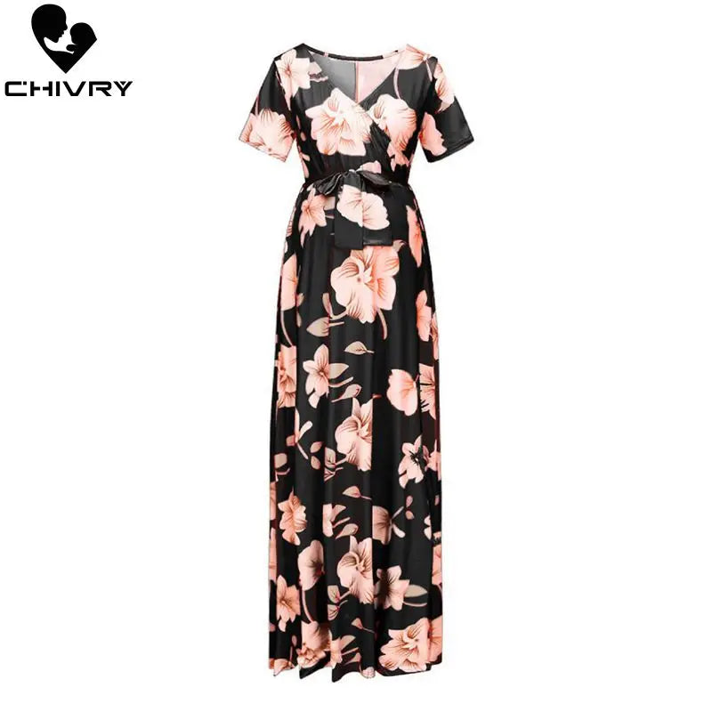 Floral Print Summer Short Sleeve V-neck Maxi Long Maternity Dress