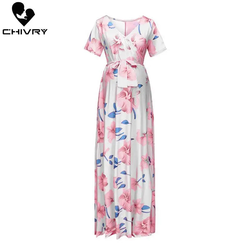 Floral Print Summer Short Sleeve V-neck Maxi Long Maternity Dress