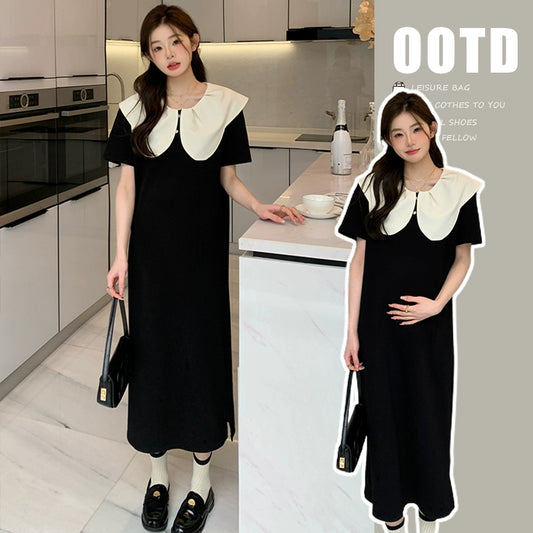 Doll Collar Maternity Dress & Safety Pant Separates: Slimming, Short Sleeve, Long Summer Dress 2024 New Arrival