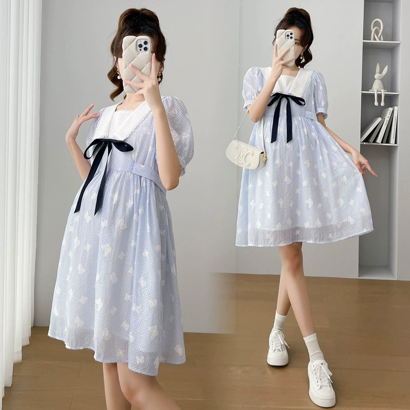 Small Simple Puff Sleeves Maternity Dress: New 2024 Arrival K-style Fashion Mid Length