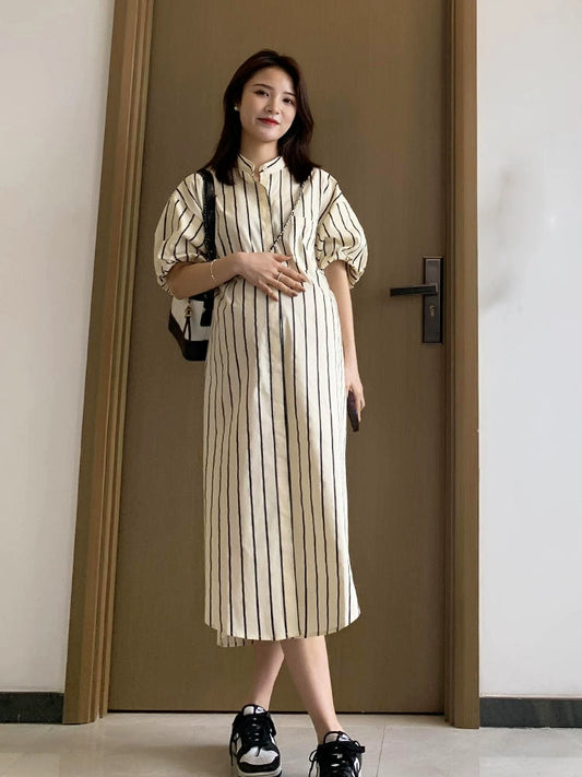 Maternity Summer Shirt For Breastfeeding Stand Collar Mid Length With Long Length Puff Sleeves Shirt Dress