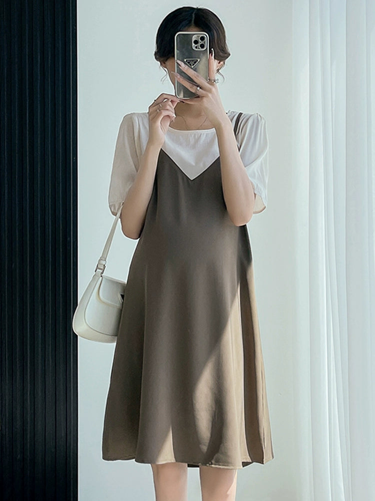 Chifon Trendy Mom Round Collar V-neck Look Autumn Fashion Maternity Dress