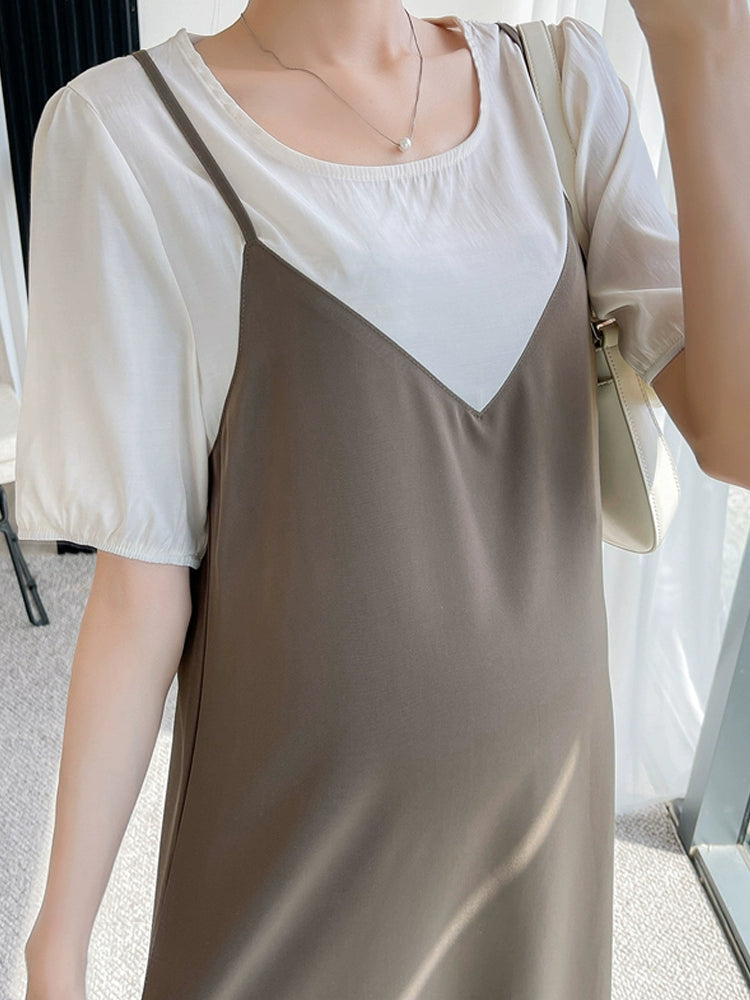 Chifon Trendy Mom Round Collar V-neck Look Autumn Fashion Maternity Dress