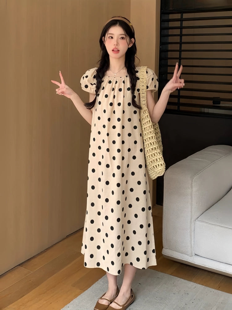 Polka Dot Puff Sleeves Maternity K-style Summer Dress: New Arrival Plus Size Loose Elegant & Long