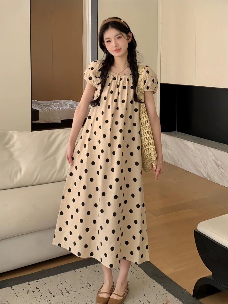 Polka Dot Puff Sleeves Maternity K-style Summer Dress: New Arrival Plus Size Loose Elegant & Long