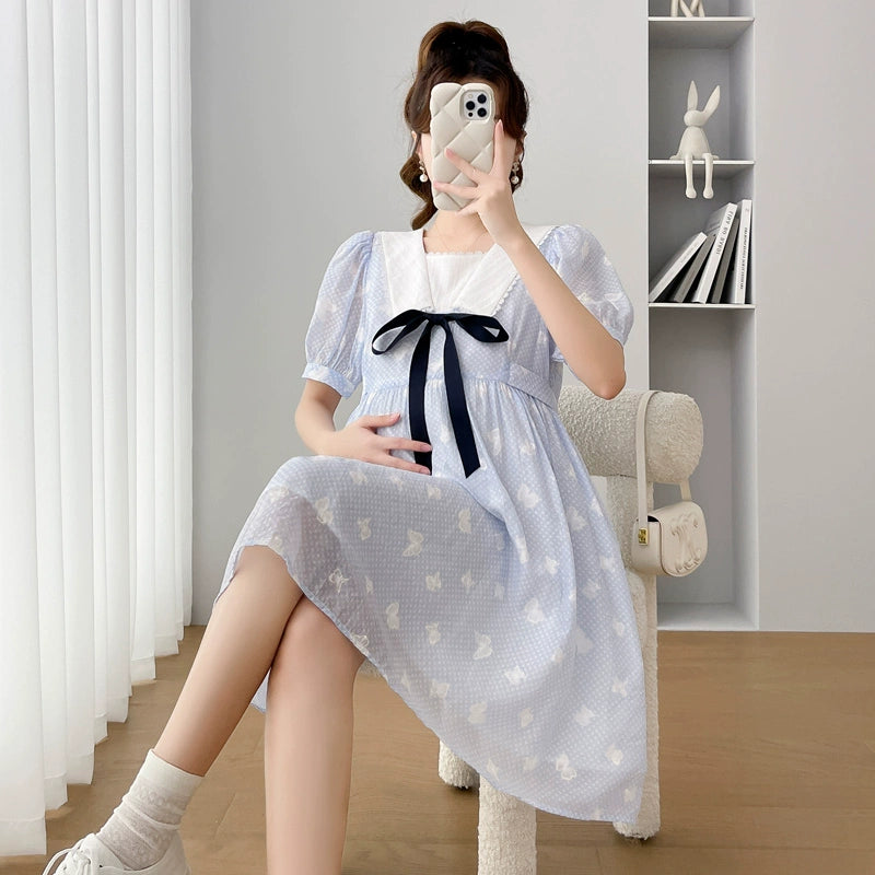 Small Simple Puff Sleeves Maternity Dress: New 2024 Arrival K-style Fashion Mid Length