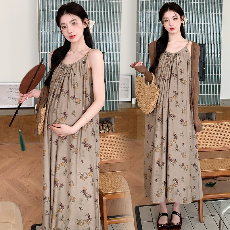 Retro Oil Painting Maternity Suspender Skirt Cardigan Two-piece Set: Summer Dress 2024 New Arrival