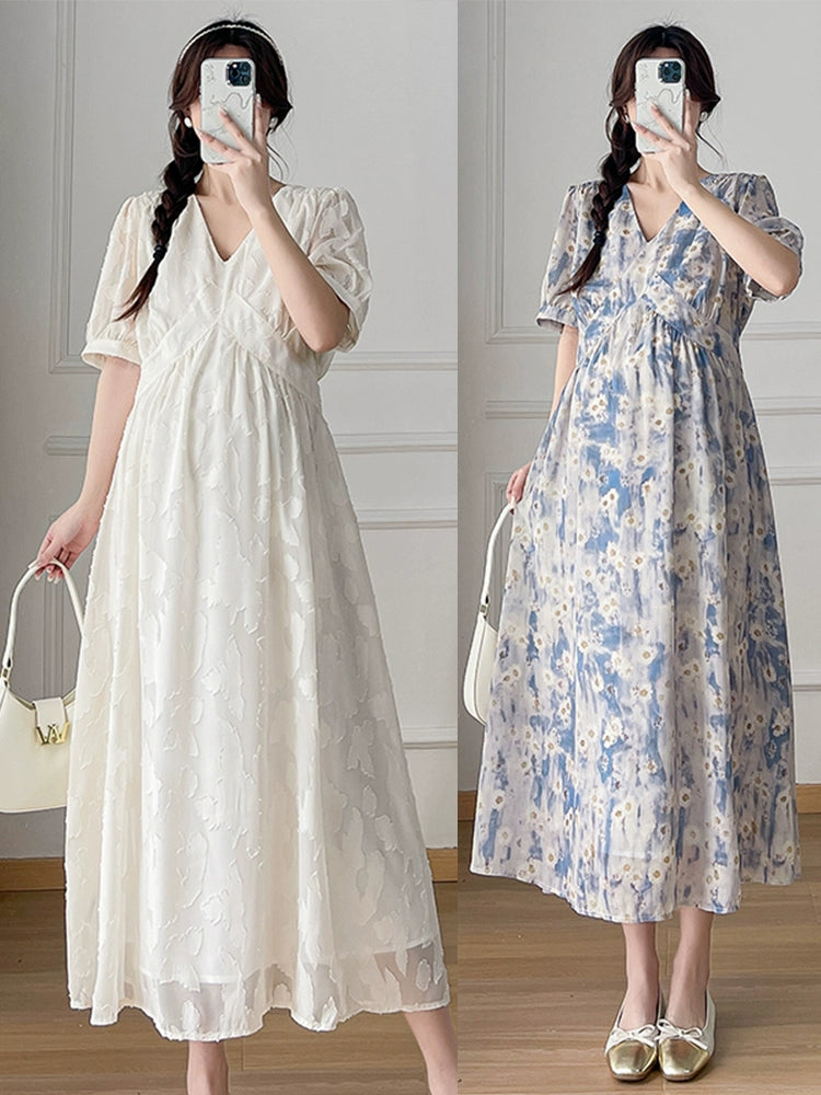 Chiffon Sweet Floral Dress With Long V Neck: Loose Maternity Summer 2024 New Arrival