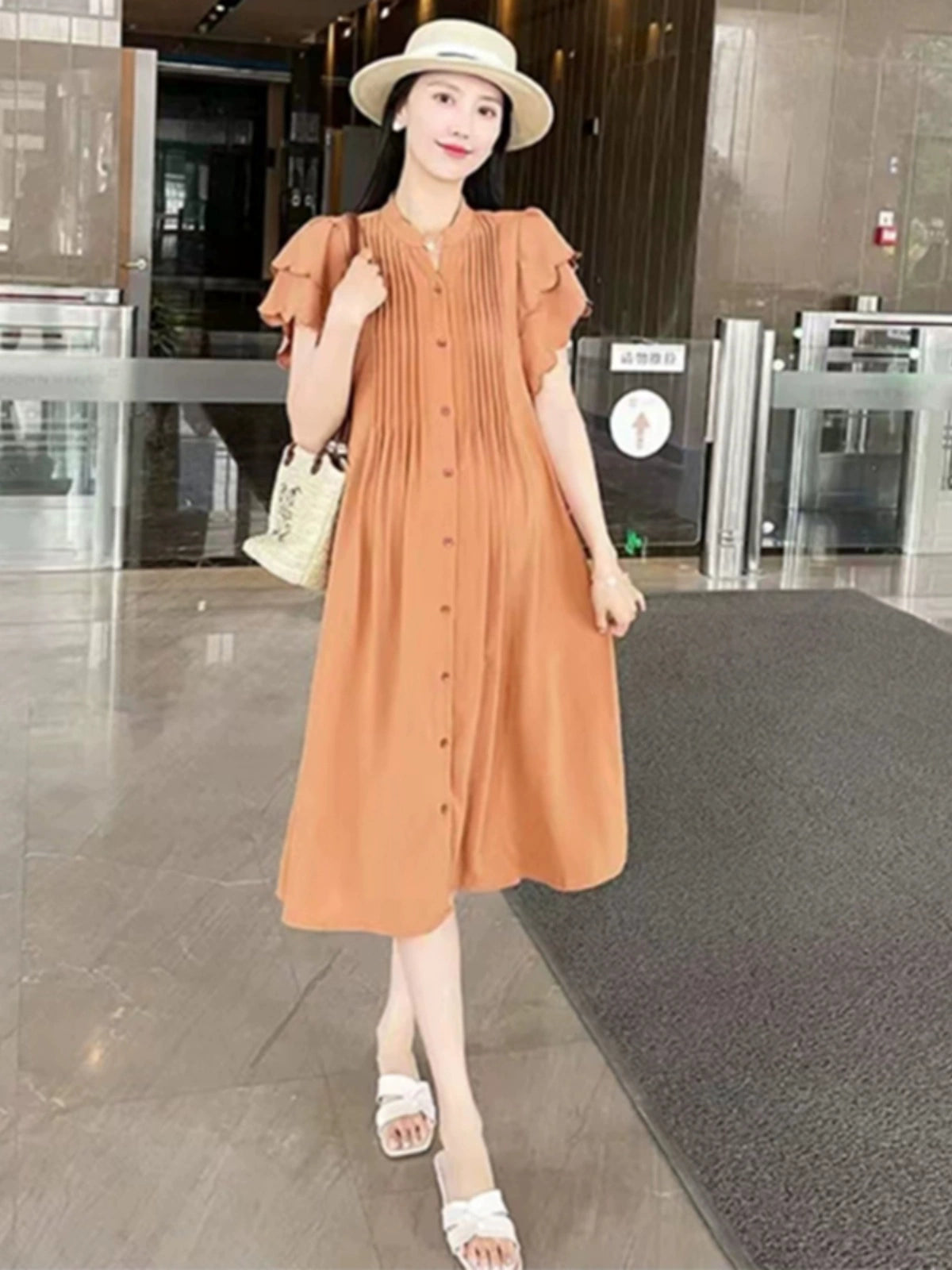 Conservative Fashionable Temperament K-style V Neck For Breastfeeding Ruched Long Dress For Summer: New Arrival