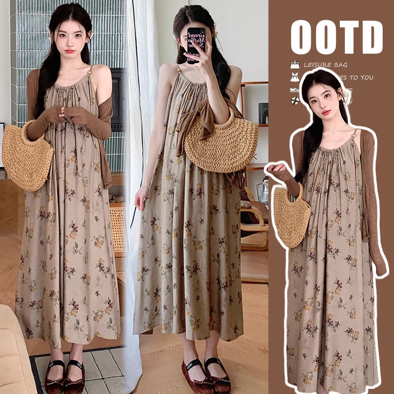 Retro Oil Painting Maternity Suspender Skirt Cardigan Two-piece Set: Summer Dress 2024 New Arrival