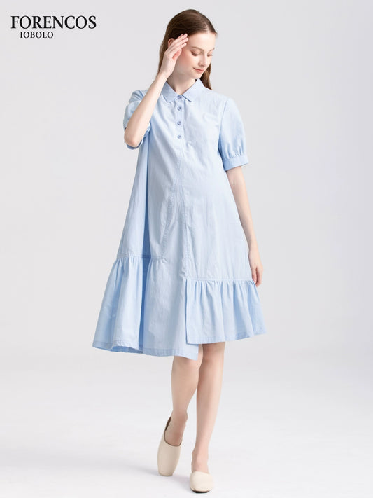 Summer Lapel Maternity Casual Mid Length Shirt Skirt