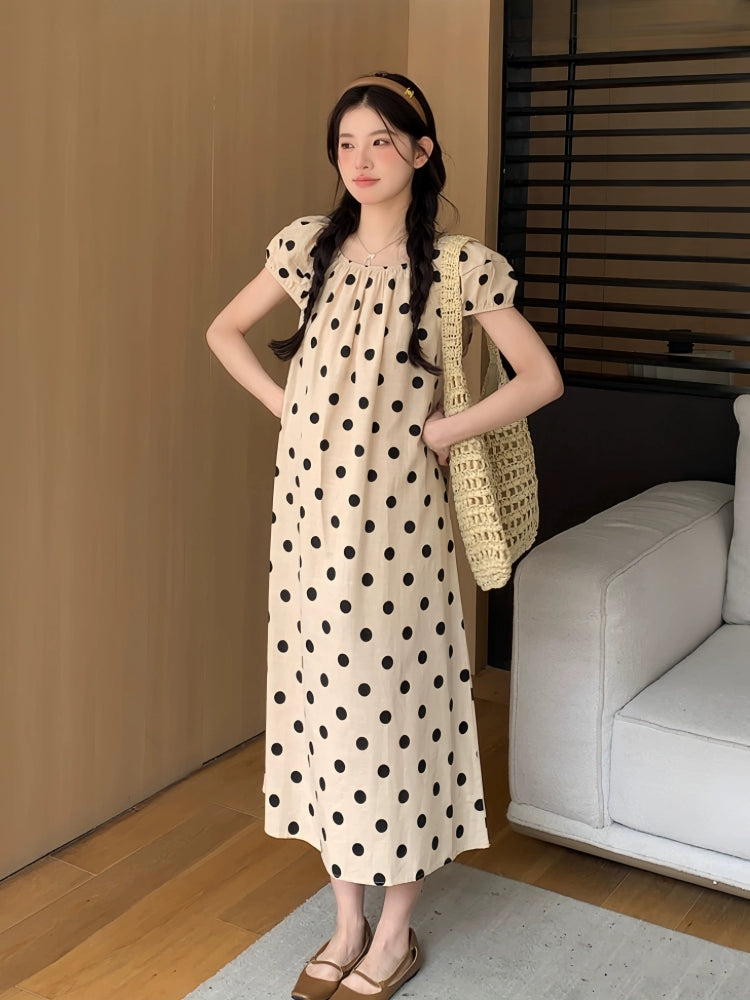 Polka Dot Puff Sleeves Maternity K-style Summer Dress: New Arrival Plus Size Loose Elegant & Long