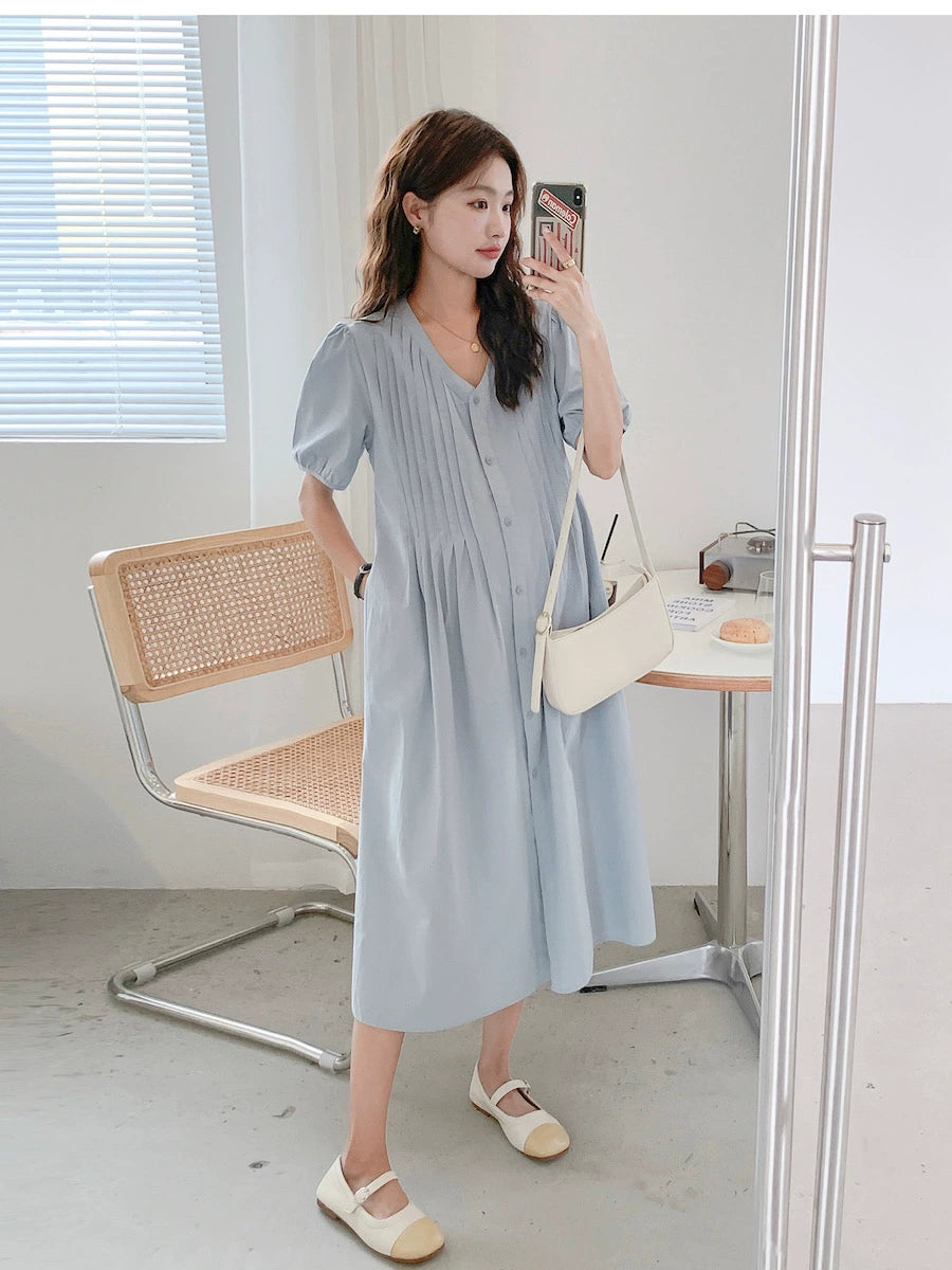 Maternity Summer Dress Summer Mid Length Long Length Dress Knee-Length Short-Sleeved Blue Pregnancy Breastfeeding V Neck Shirt