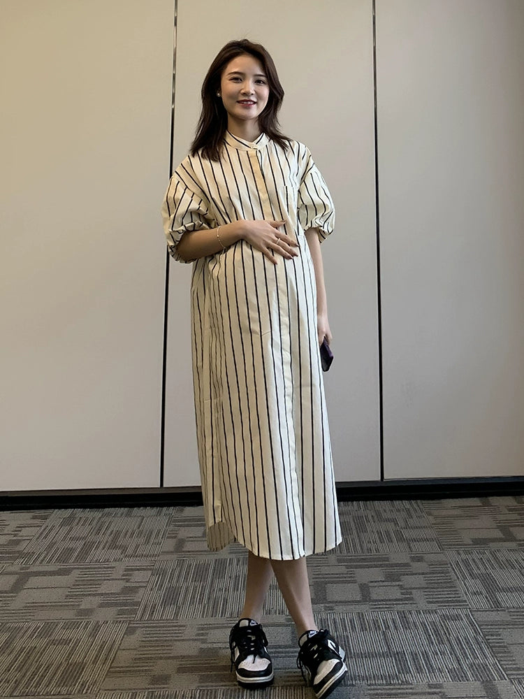 Maternity Summer Shirt For Breastfeeding Stand Collar Mid Length With Long Length Puff Sleeves Shirt Dress