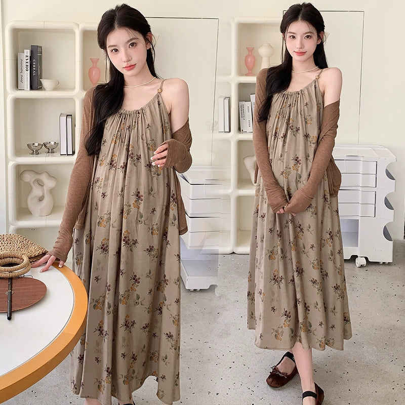 Retro Oil Painting Maternity Suspender Skirt Cardigan Two-piece Set: Summer Dress 2024 New Arrival