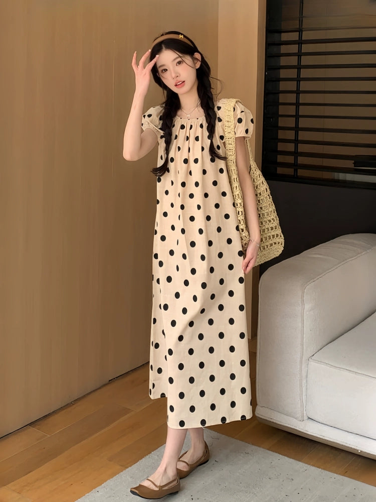 Polka Dot Puff Sleeves Maternity K-style Summer Dress: New Arrival Plus Size Loose Elegant & Long