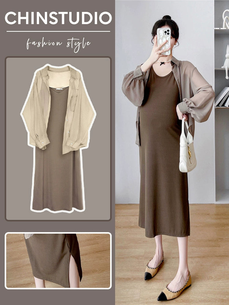 Top Cardigan Slim Looking Suspender Maternity Dress New Arrival: Two-piece Set