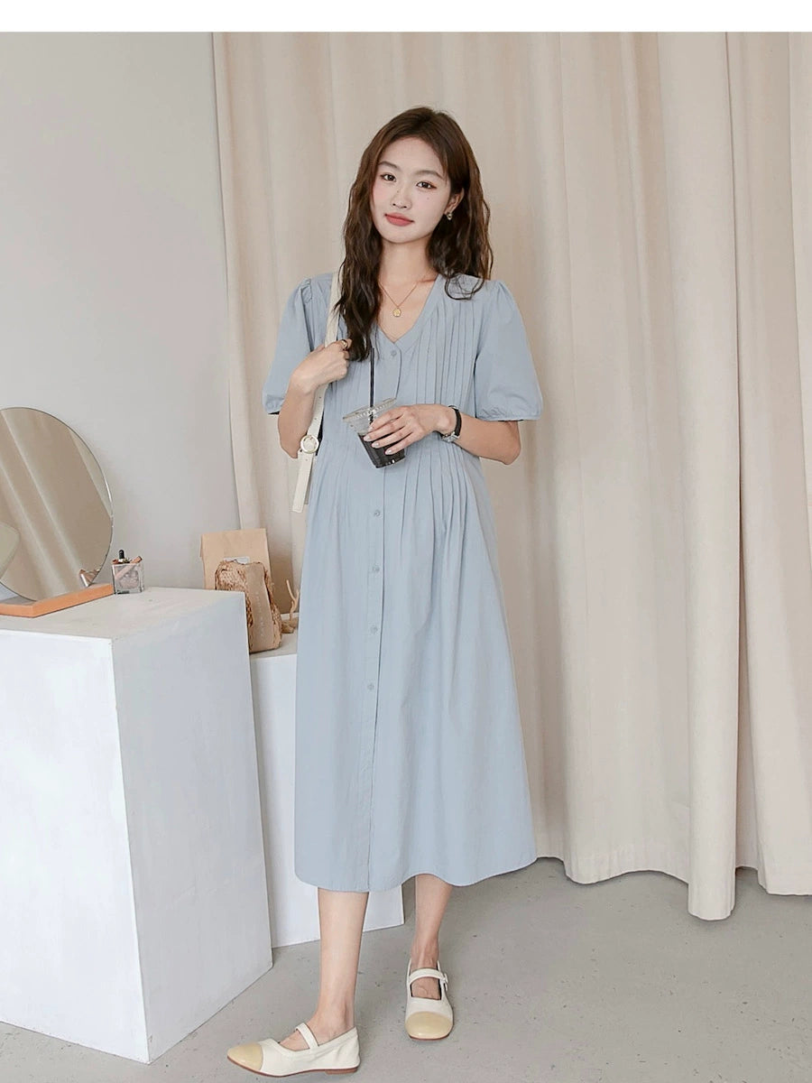 Maternity Summer Dress Summer Mid Length Long Length Dress Knee-Length Short-Sleeved Blue Pregnancy Breastfeeding V Neck Shirt