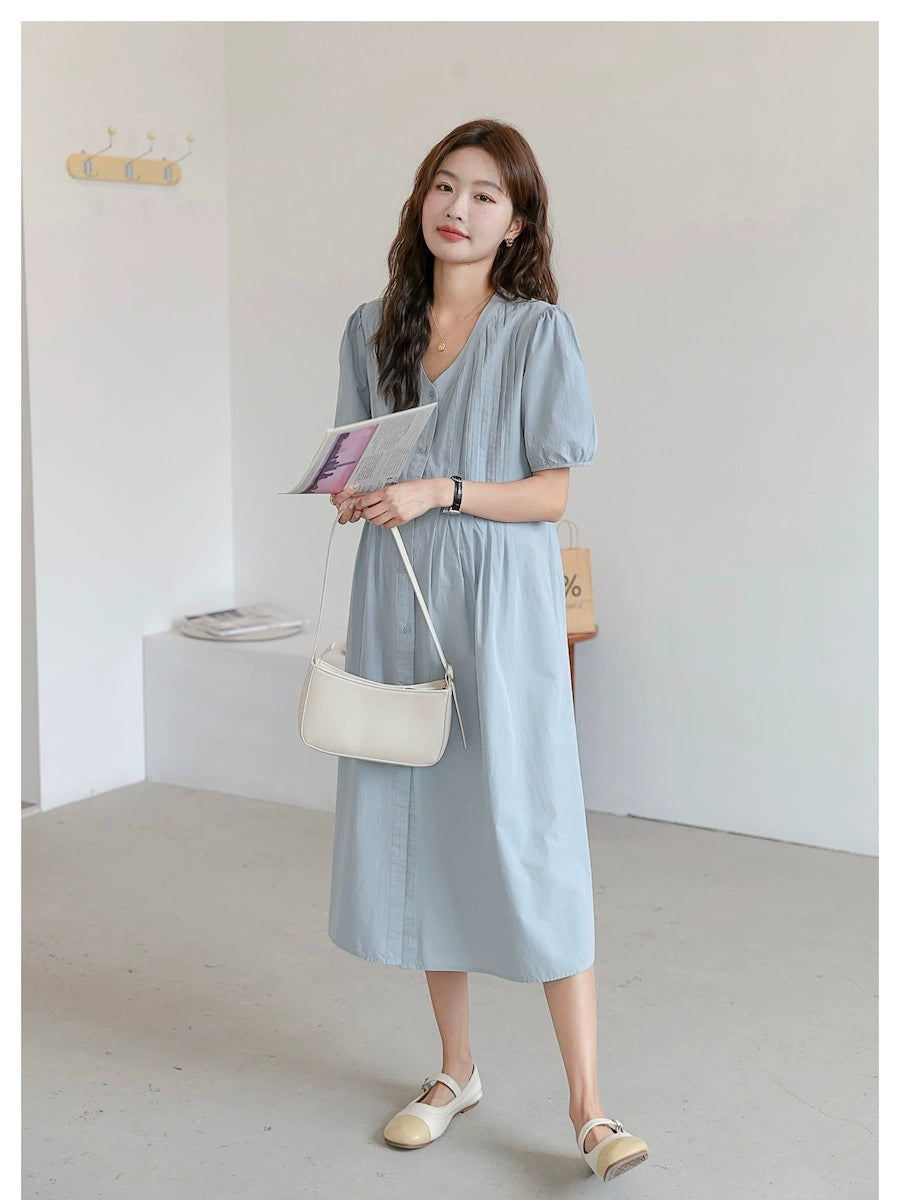 Maternity Summer Dress Summer Mid Length Long Length Dress Knee-Length Short-Sleeved Blue Pregnancy Breastfeeding V Neck Shirt