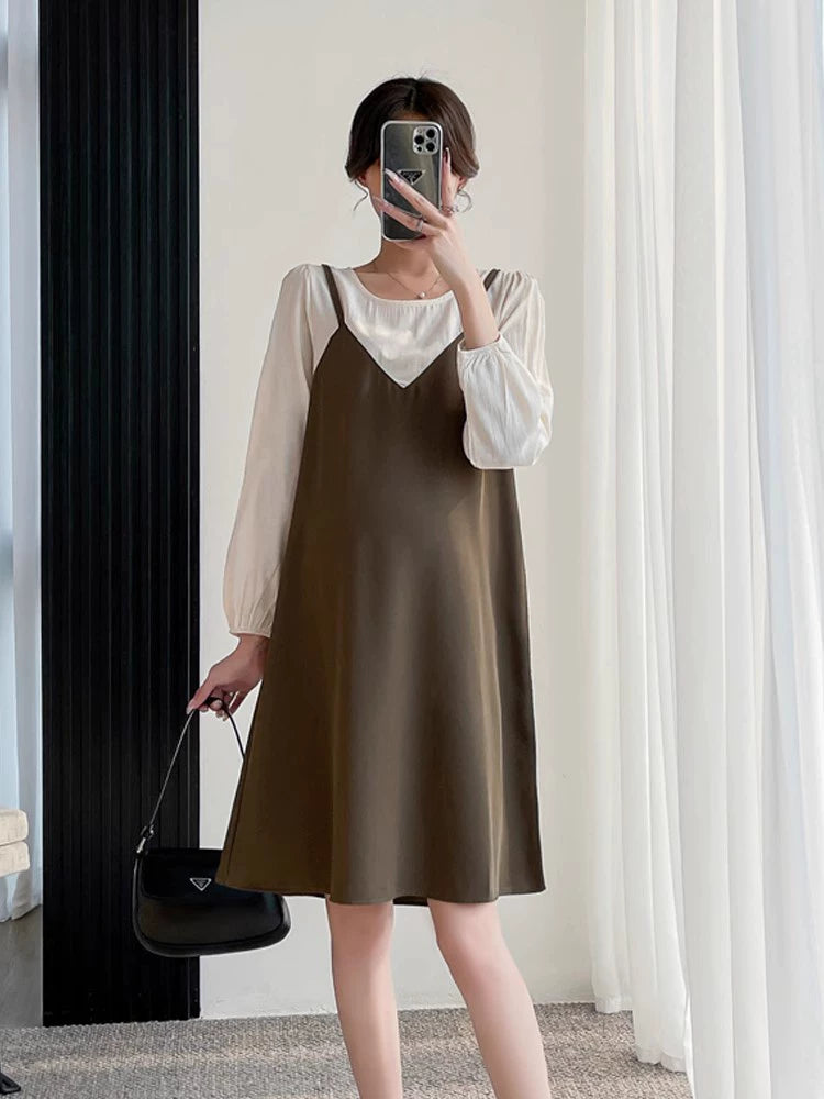 Chifon Trendy Mom Round Collar V-neck Look Autumn Fashion Maternity Dress