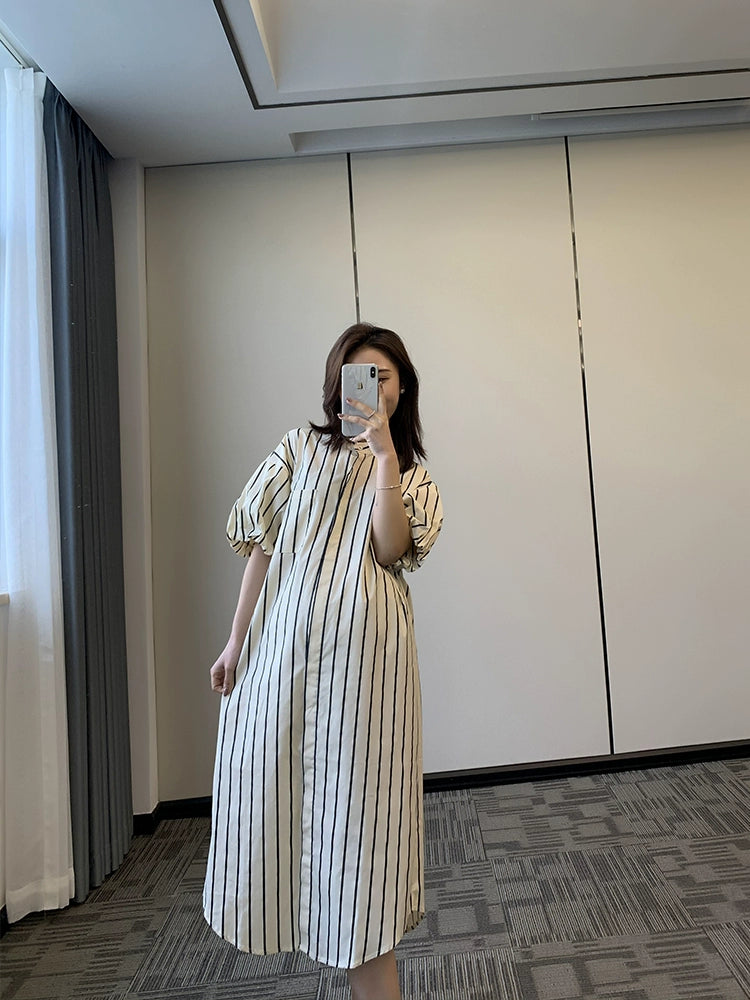 Maternity Summer Shirt For Breastfeeding Stand Collar Mid Length With Long Length Puff Sleeves Shirt Dress