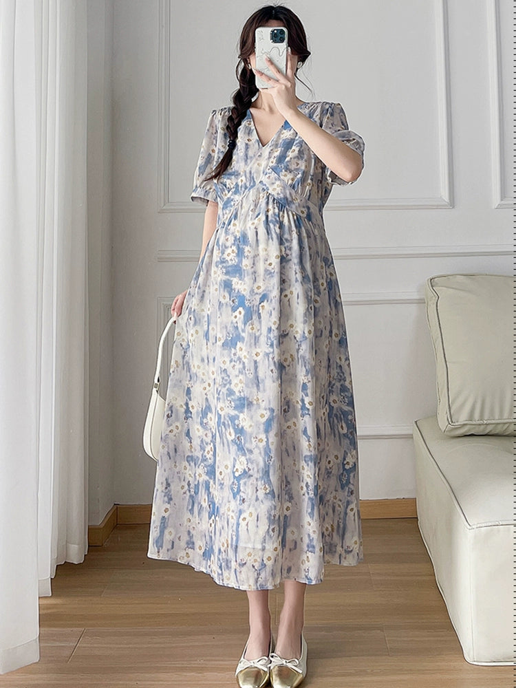 Chiffon Sweet Floral Dress With Long V Neck: Loose Maternity Summer 2024 New Arrival