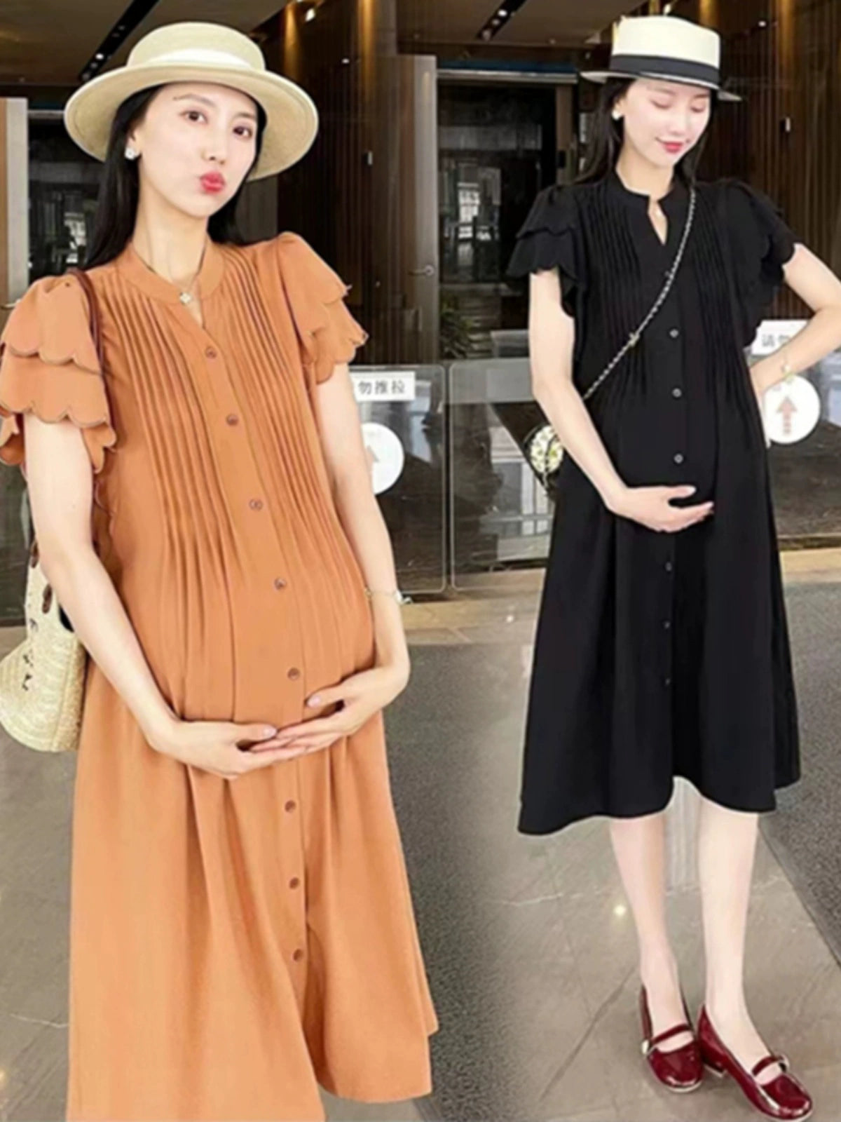 Conservative Fashionable Temperament K-style V Neck For Breastfeeding Ruched Long Dress For Summer: New Arrival