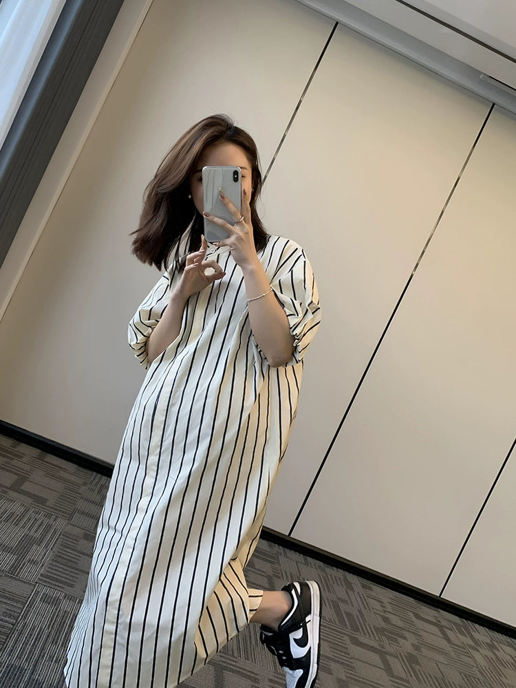 Maternity Summer Shirt For Breastfeeding Stand Collar Mid Length With Long Length Puff Sleeves Shirt Dress