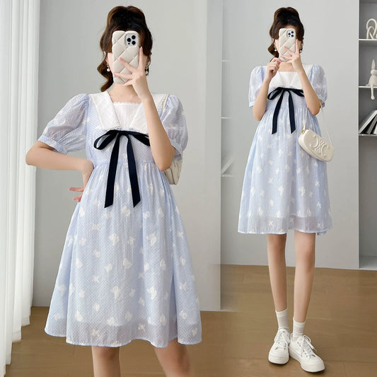 Small Simple Puff Sleeves Maternity Dress: New 2024 Arrival K-style Fashion Mid Length