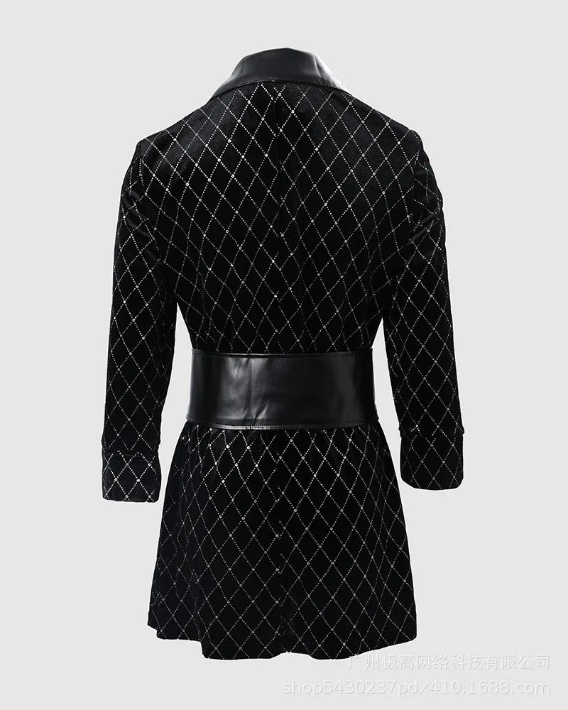 Smoking Hot Elegant Plaid Pattern Faux Leather Colorblock Glitter Blazer Dress