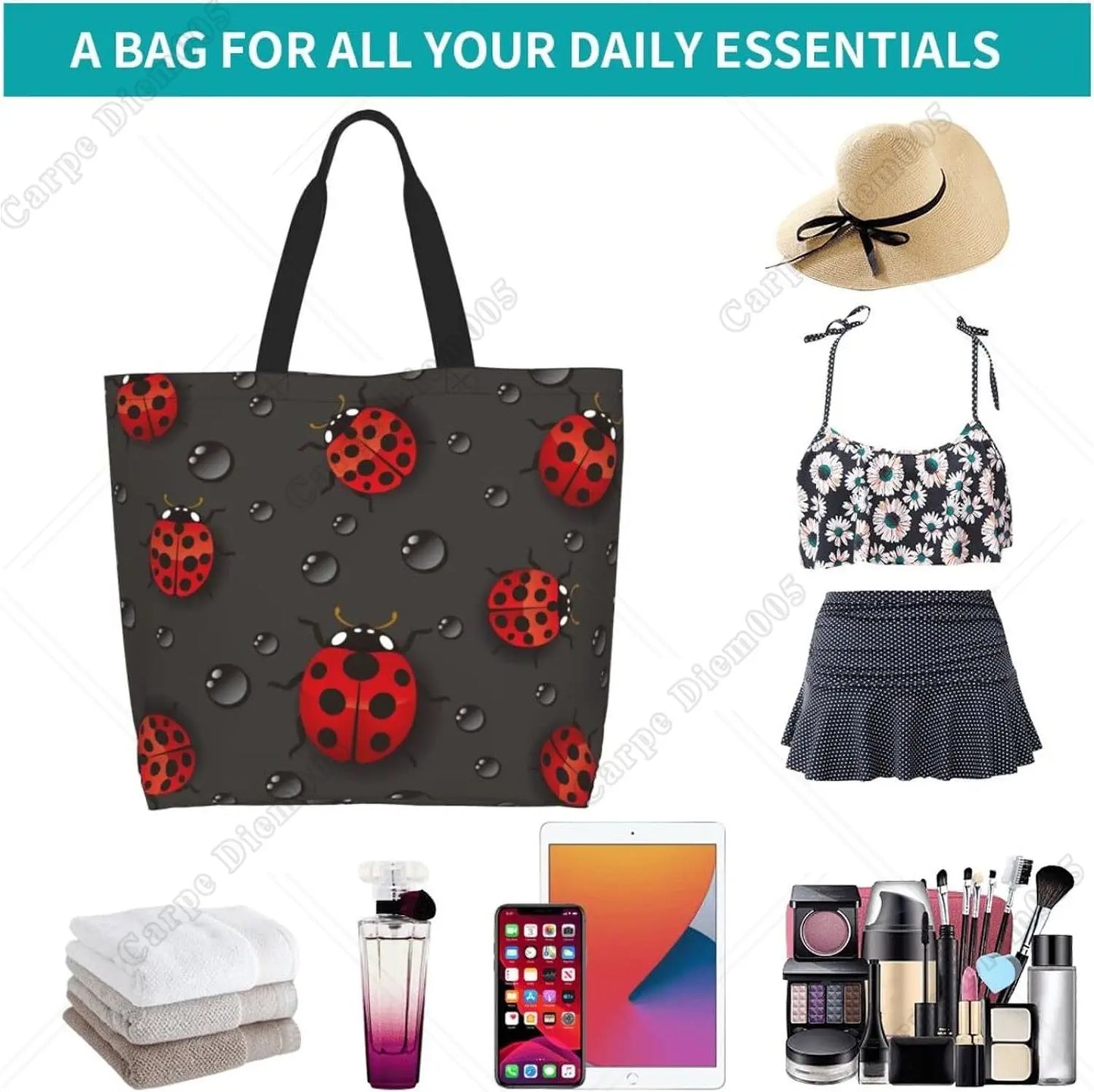 Rainy Droplet Lady Bug Tote Bag