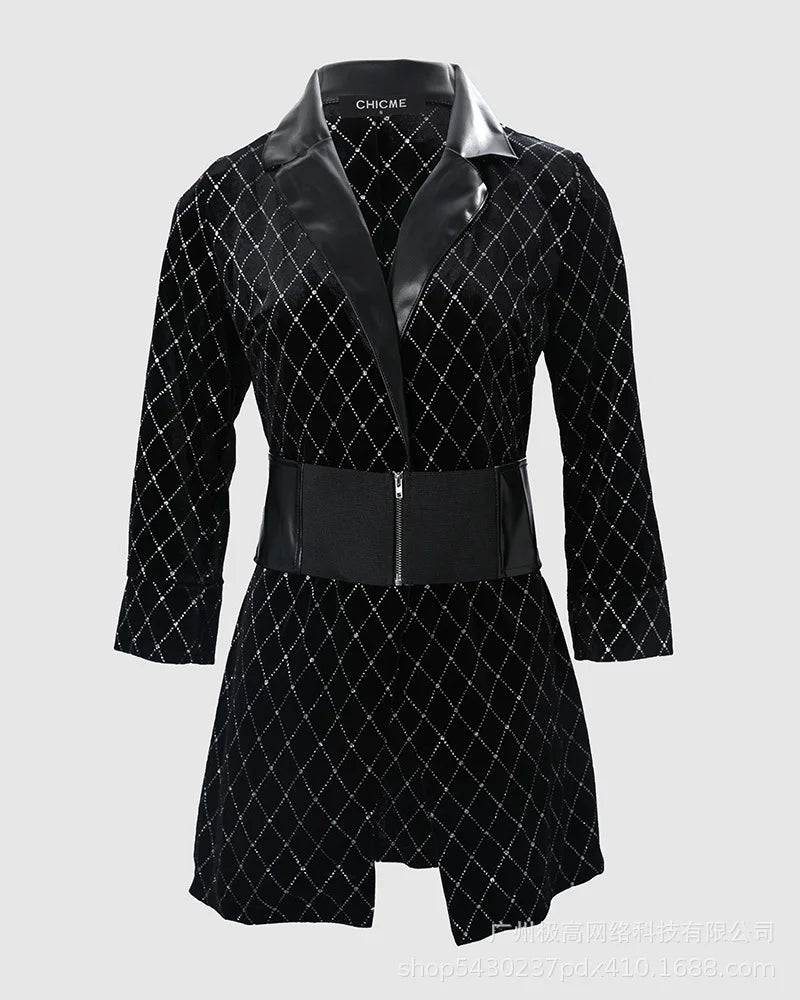 Smoking Hot Elegant Plaid Pattern Faux Leather Colorblock Glitter Blazer Dress