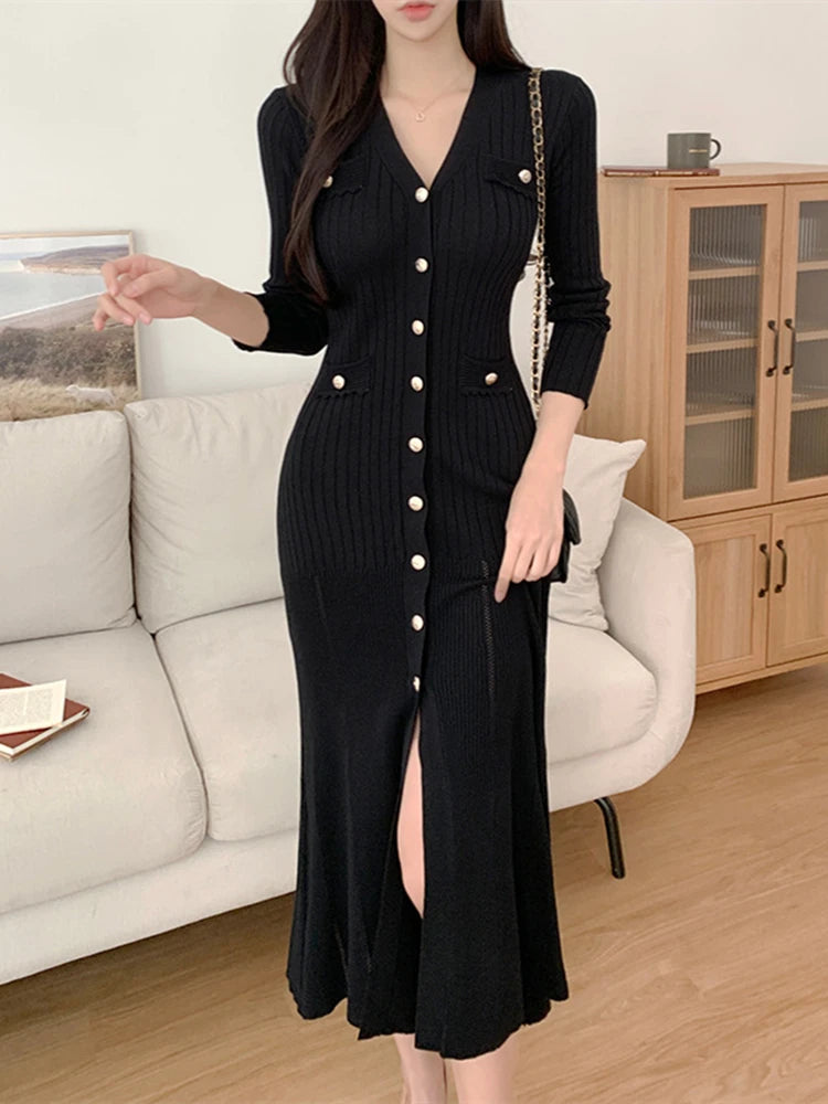 Conservative Business Summer Knitted Black Bodycon Midi Dress: Ladies Ruffle Dress In Elegant Casual Fashion