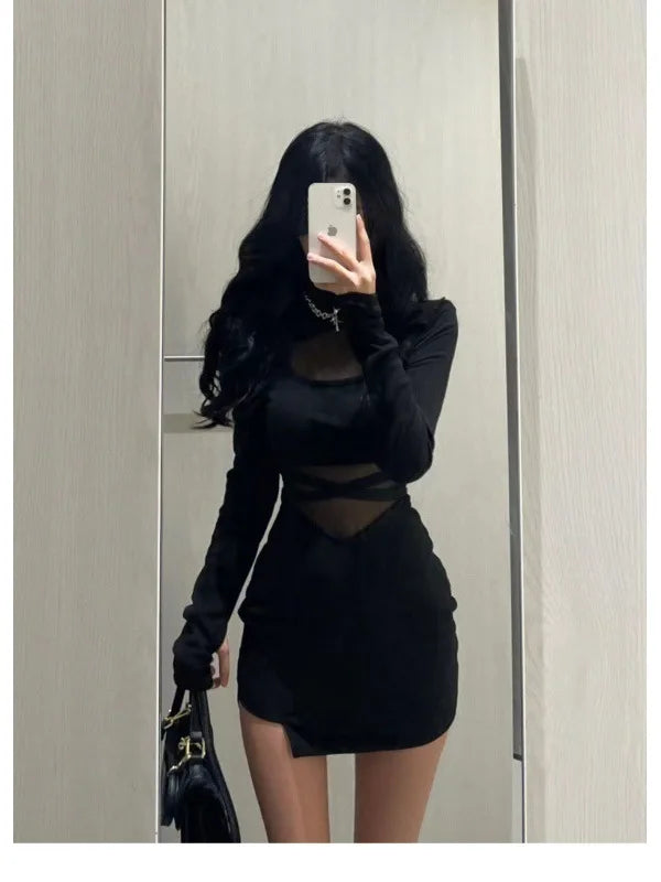 New Sexy Black Pile Up Sleeves Fishbone Dress Personalized Slim Women Dress: Thin Gauze Perspective Wrap Around Buttocks