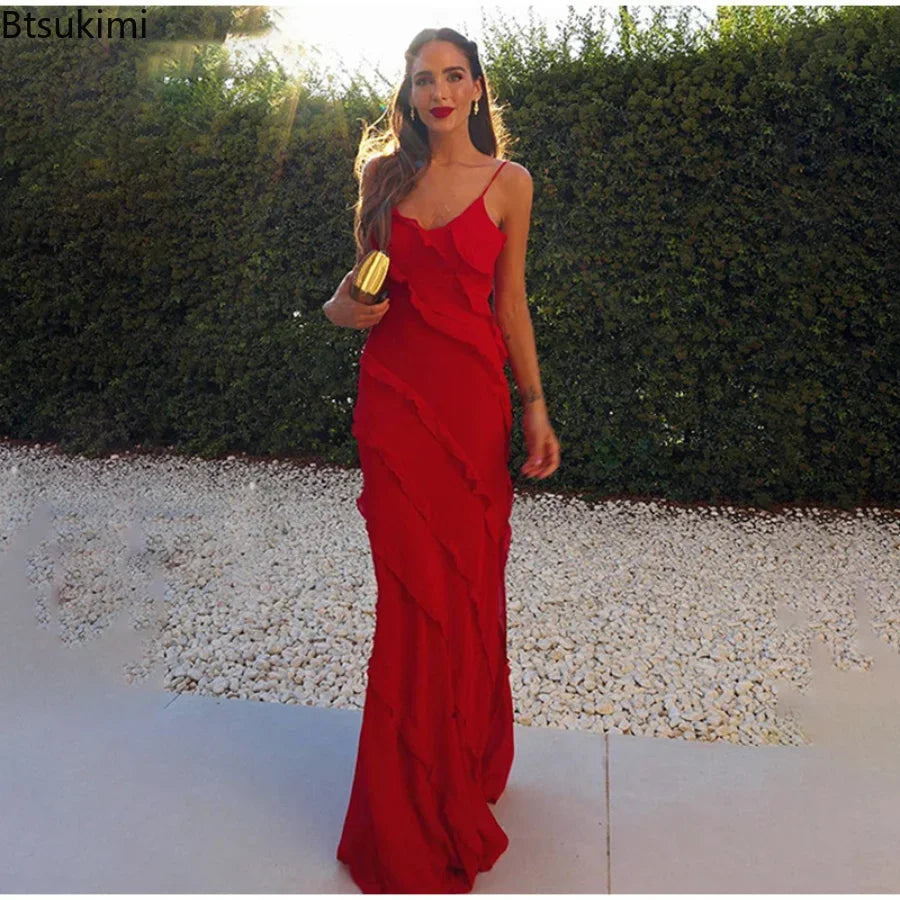 Ruffles Chiffon Maxi Dress Backlesss Split Sexy Prom Dress