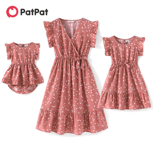 Pink Dots Cross Wrap V Neck Ruffle Flutter-sleeve Matching Outfits For Mother & Daughter