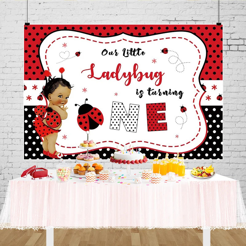 Ladybug is Turning One Backdrop Lady Bug Birthday Party Decorations for One Year Old Girl Little Princess Background Photo Props