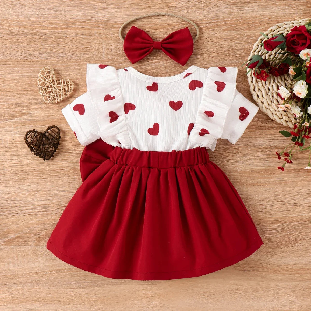 Heart Print Baby Girl 2pcs Ruffled Short-sleeve Faux-Two Bow Front Dress & Headband Set