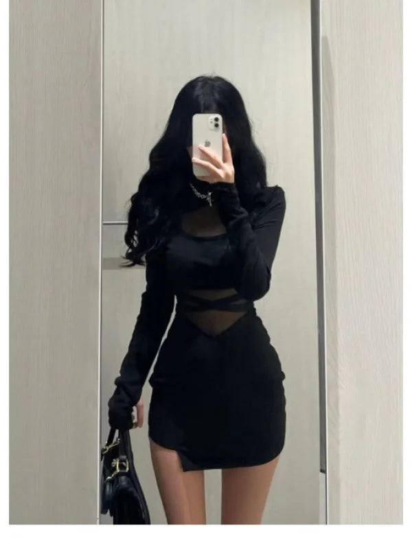 New Sexy Black Pile Up Sleeves Fishbone Dress Personalized Slim Women Dress: Thin Gauze Perspective Wrap Around Buttocks