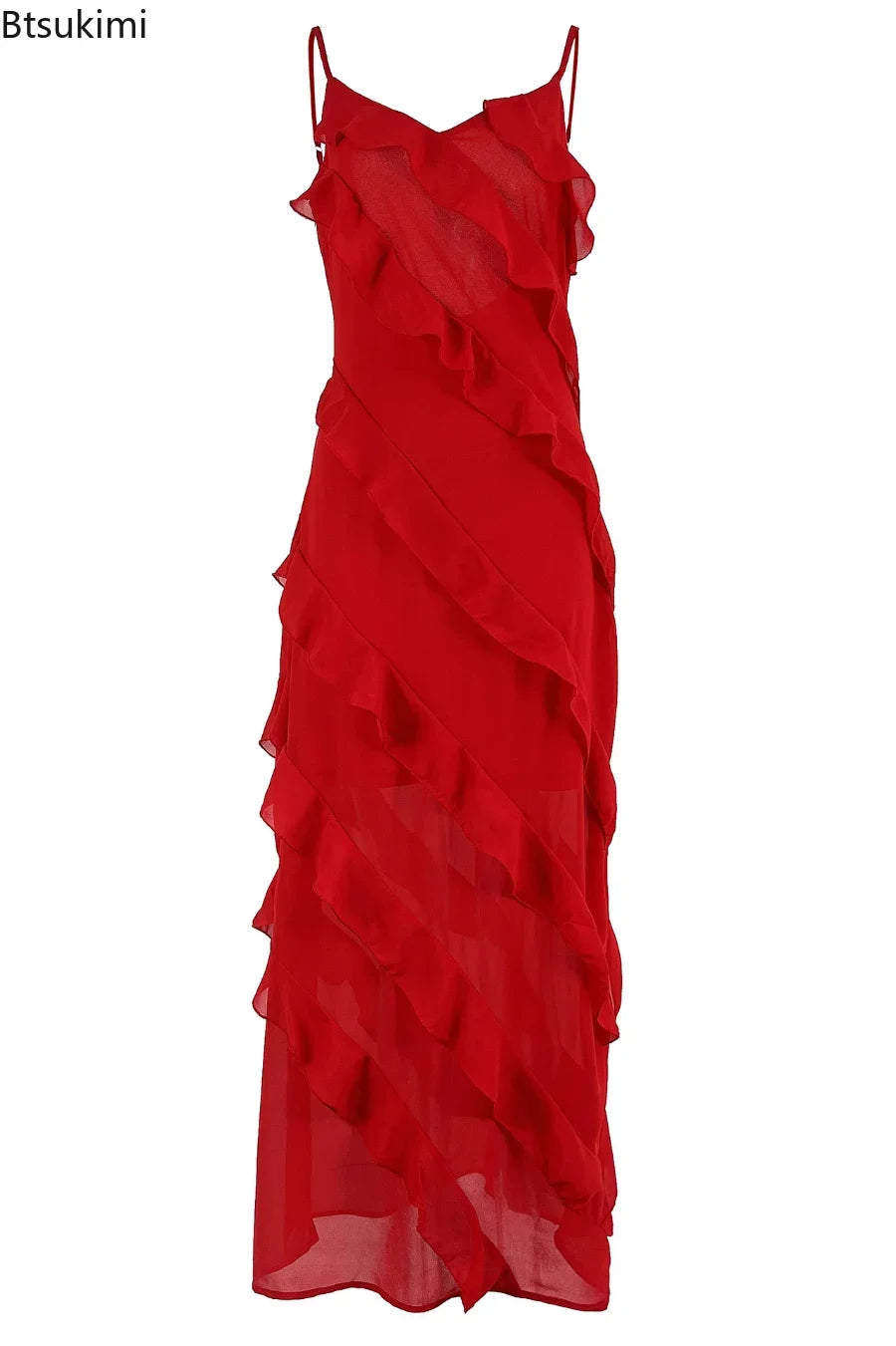 Ruffles Chiffon Maxi Dress Backlesss Split Sexy Prom Dress