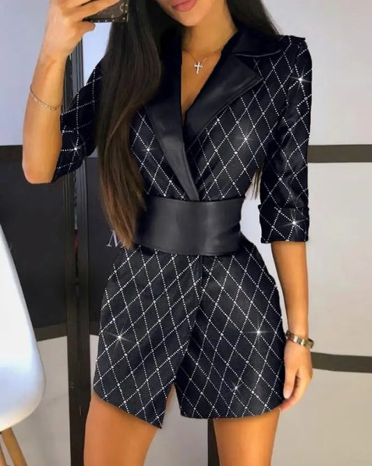 Smoking Hot Elegant Plaid Pattern Faux Leather Colorblock Glitter Blazer Dress