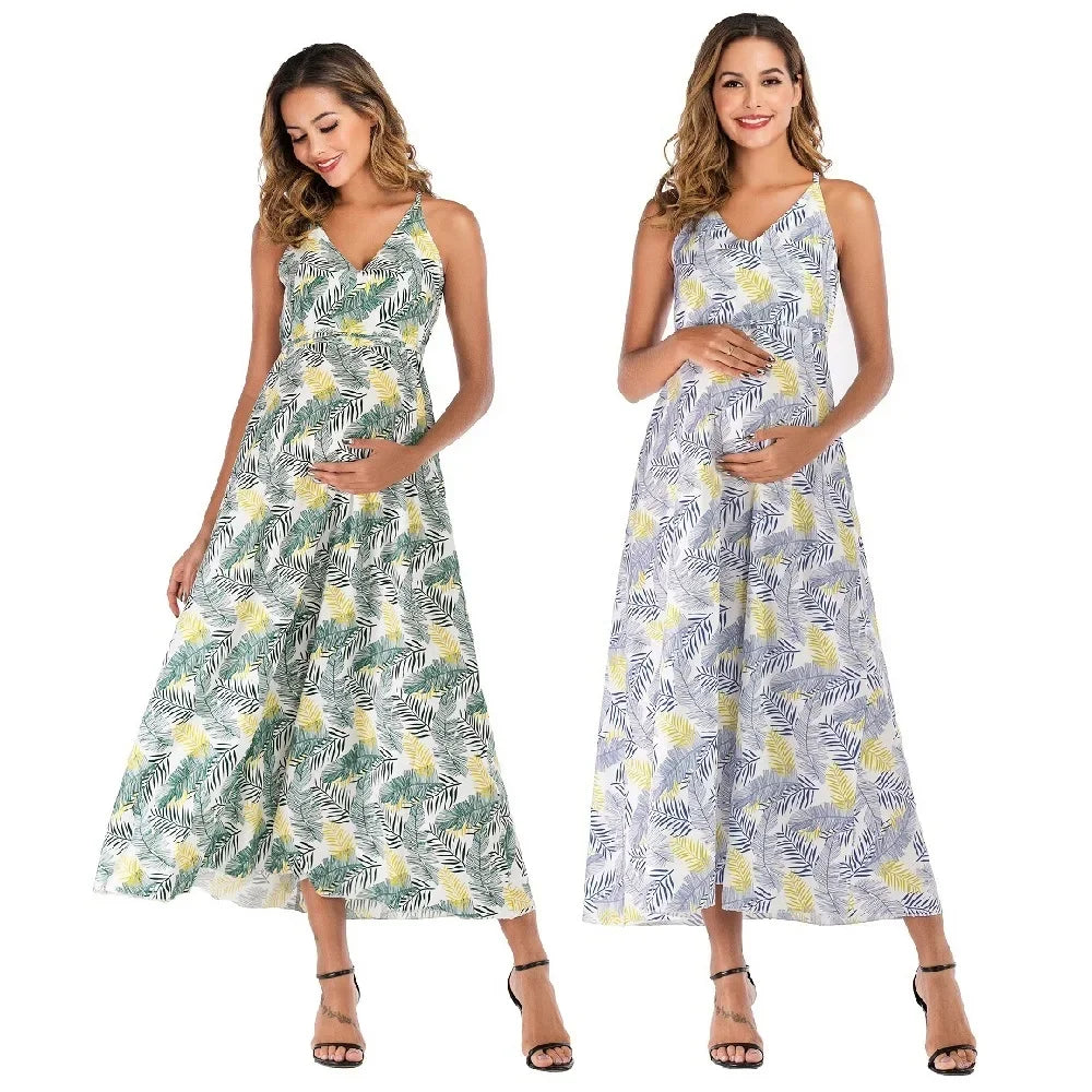 Summer Floral V Neck Maternity Maxi Dress